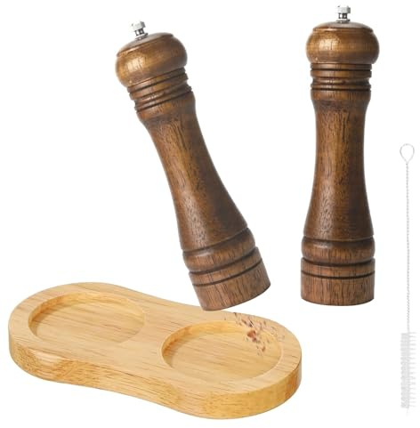 YanBous Ensemble de moulins à épices en bois, 4 pièces, 22 cm – Grain réglable, avec plateau et brosse, mécanisme en céramique, idéal pour sel, poivre et plus