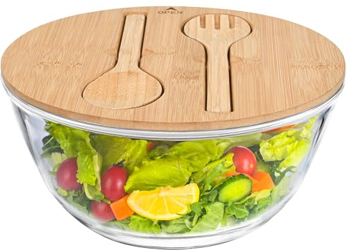 LOVYANXUE Glas-Salatschüssel mit versiegeltem Deckel, 26,9 cm, große Kapazität, Servierschalen und Rührschüsseln mit Utensilien, vielseitige Glasschalen für Salate, Kleinigkeiten, Obst, Nudeln