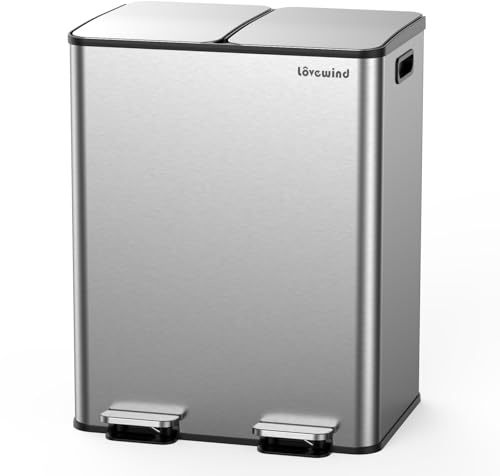 Lovewind Kitchen Trash Can, 2 x 8 Gallon (2 x 30 L) Stainless Steel Trash and Recycle Bin Combo with Soft-Close Lid, Dual Compartment Recycling Kitchen Step Trash Bin, Silver