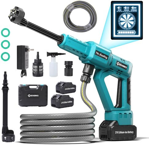 Geevorks Hidrolimpiadora de Alta Presión Inalámbrica,21 V Hidrolimpiadora Bateria Portátil,62 Bar 900 PSI,Boquilla 6 en 1,2 Baterías Recargables,Manguera 5m,para Coche/Suelo/jardín Limpieza y riego