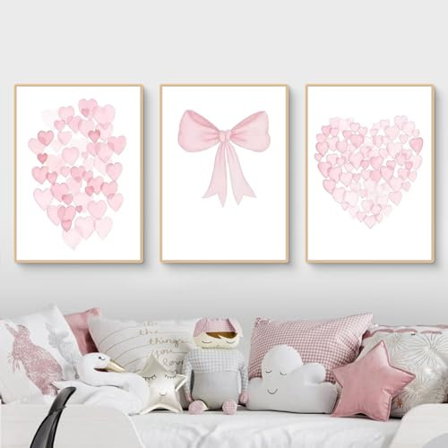 Ueiwffzo 3er Poster Set Bilder Kinderzimmer Rosa Liebesmuster Bilder, Babyzimmer Deko Leinwand Bilder Wandbilder, Rosa Wandposter Kinderzimmer Deko, Ohne Rahmen (21x30cm)