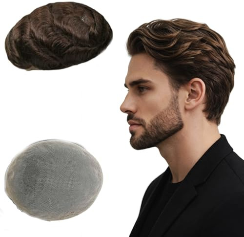 NLW Echthaar Toupet Männer Vollspitzen 25 mm Locken haarsystem mann 100% Echthaar-System für Herrenperücken,Basis Größe 8 x 10 Zoll, 120% Dichte, #2 Dunkelbraun