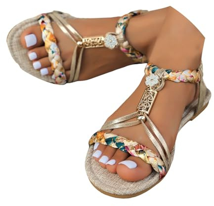 Xbemkste Damsandaler, bohemiska sommarsandaler, platta med strass, pärlor, strandsandaler, ankel elastiska sandaletter, vackra stickade sandaletter, Guld, 40.5 EU bred