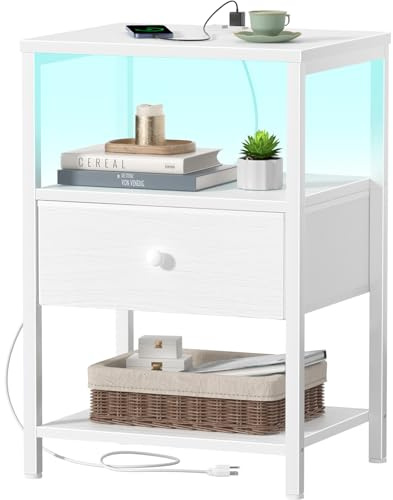 BOLUO White Nightstand with Charging Station, LED Night Stand with Fabric Drawers and Shelf, Bedside Table with USB Ports and Outlets, Bedroom Nightstand Modern