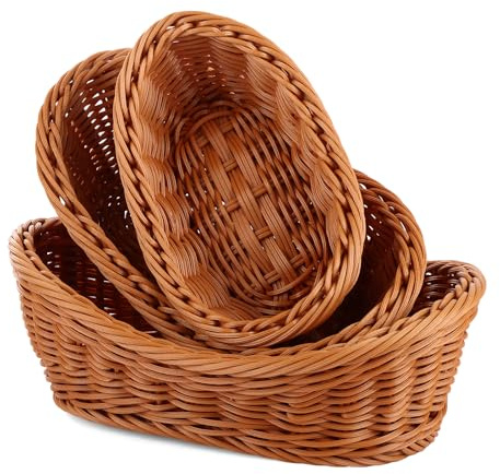 YAYODS 6PCS Food & Bread Baskets for Table, Brown Plastic PP Imitation Rattan Serving Bins, Fruit Basket Set for Kitchen Storage & Display, 3 Sizes