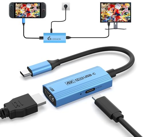 Guermok USB-C-zu-HDMI-Adapter, 4K@60Hz-Ausgabe mit PD 100W Schnellladung, kompatibel mit Switch, Handheld-Konsolen, MacBook, Fernsehern, Capture-Karten und tragbaren Monitoren – Blau
