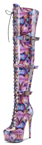 Castamere Donna Sopra il Ginocchio Spillo Tacco Heel Piattaforma Stivali Rotonda Punta Lacci Fibbia Cerniera Stivali 15 CM Heels Vortice Viola 40 EU