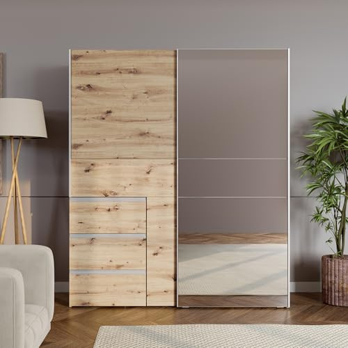 Forte Winn 2 Kleiderschrank 170, Skandi-Style Schwebetürenschrank, 2-türig, 3 Schubladen, Spiegel, Schlafzimmer, Artisan Eiche Holzdekor, 170,3 cm breit x 200,5 cm hoch x 61,2 cm tief