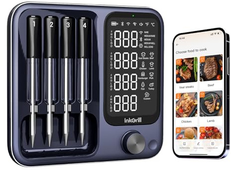 InkGrill Wireless Meat Thermometer with APP Control，4 Probes Meat Thermometer Digital, Unlimited Range WiFi & Bluetooth Meat Thermometerfor for Rotisserie, Grill, Oven, Smoker, BBQ, Air Fryer