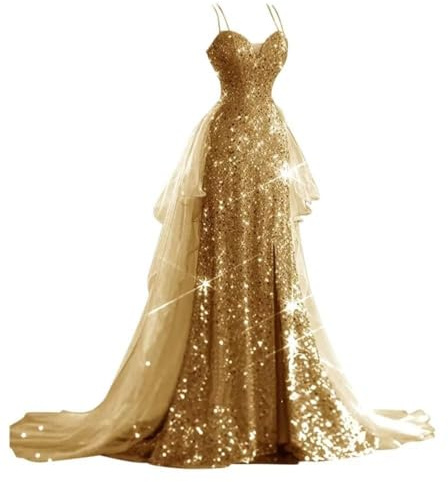 HAIBFJIN Spaghettiträger-Pailletten-Ballkleider Tüll Abendkleid mit Schlitz Lang Meerjungfrauenkleid Jugendweihe Kleider