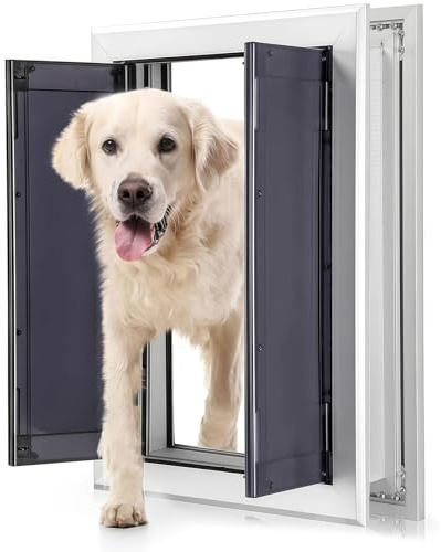 PRMTYUP Silberne HaustiertüR Mit Paneelen, HundetüR Aus Aluminium Mit Automatisch SchließEnden Magnetklappen, Einschubpaneel & 4 SicherheitsschlöSser, FüR TüRen, Fliegengitter,Silber,54x41x6.5cm