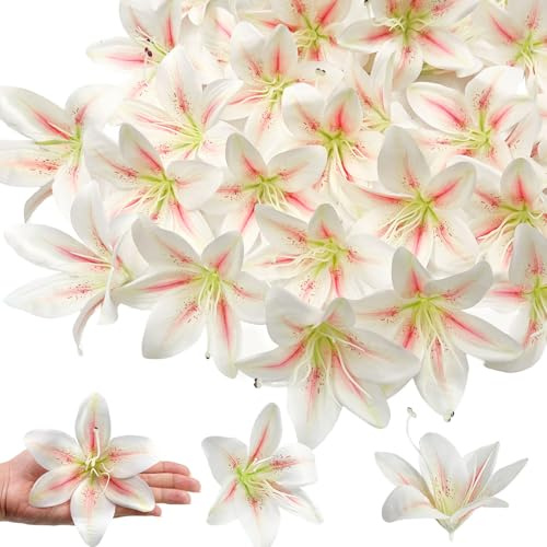 Daily Treasures 30PCS 10cm/4 Fake Lilies Flower Heads with Realistic Stamens,White Artificial Flower Heads, Bulk Silk Flowers for DIY Crafts, Cake Decorating, Wedding Bridal Party Wreath, Home Decor