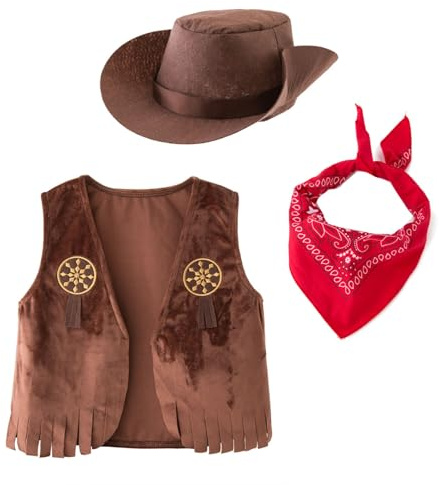 Generico Cowgirl Costume Bambina,con Gilet + Cappello + Foulard,Costume da Cowgirl per Halloween Carnevale Cosplay Festa, 2-11 Anni,Vestito Carnevale Bambino 5 Anni