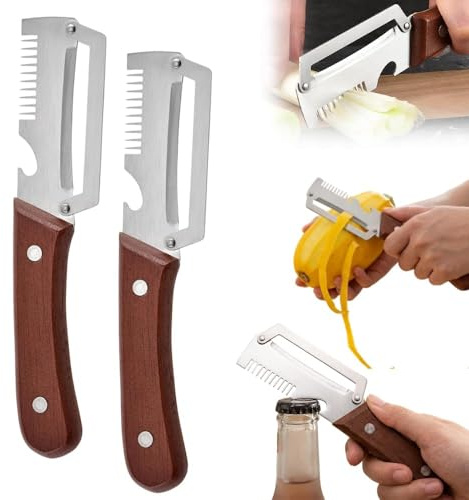 Éplucheur 3-en-1 avec Manche en Bois – Ustensile Multifonction en Acier Inoxydable, Coupe-Légumes Julienne et Décapsuleur, Économe Ergonomique pour Pommes de Terre, Carottes, Pommes, Kiwis (2 PCS)