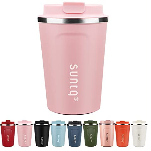 SUNTQ - Tazza per caffè da asporto in acciaio inox, tazza termica isolata a doppia parete, con coperchio a prova di perdite, riutilizzabile (colore: rosa, 380 ml)