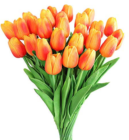 Kisflower 30Pcs Künstliche Tulpen Latex Tulpen Blumen Gefälschter Tulpenstrauß Echte Berührungsblumen für Dekor (Orange)