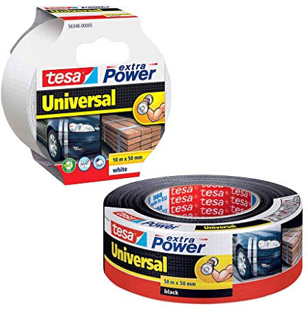 tesa extra Power Universal Gewebeband - Weiß - 10 m x 50 mm (+ 1 große Rolle Schwarz 50 m x 50 mm)