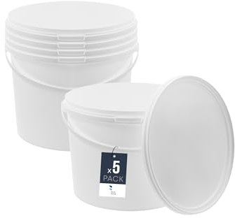 BenBow Secchio con coperchio 10l bianco 5x 10 litri sicuro per gli alimenti, stabile, ermetico, a prova di perdite, inodore - contenitore di plastica, con manico - vuoto