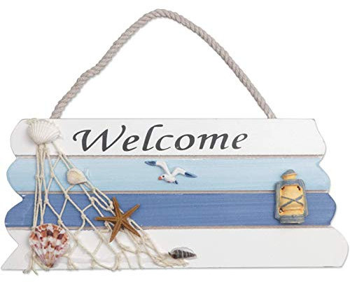 Cartello Welcome, Cartello di benvenuto per porta, cartello welcome legno in stile marina per decorazione, targa welcome esterno per veranda, giardino, decorazione per la casa, 26.5 * 11.5 cm
