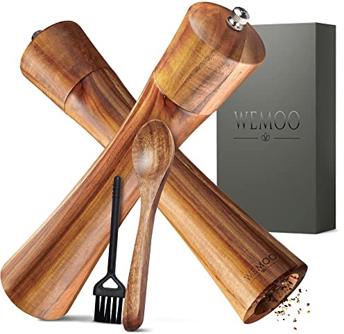 WEMOO Moulin à sel et à poivre en bois très grand (25,5 cm) | Moulin à épices avec broyeur en céramique robuste | Cuillère de remplissage supplémentaire et pinceau de nettoyage | Set avec moulin à