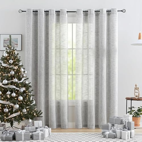 Treatmentex Cortinas Salon Translúcidas, Visillos Salon y Cortinas Dormitorio 2 Piezas 136x260cm, Textura Lino Gris Transparente con Ojales para Habitación​