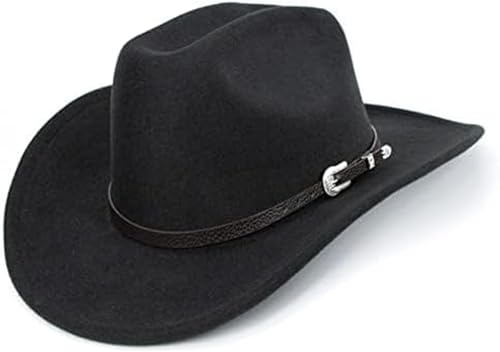 Western Cowboy Hat for Men Women Classic Roll Up Fedora Hat with Buckle Belt(Size:S-M), Black - Square, S/M