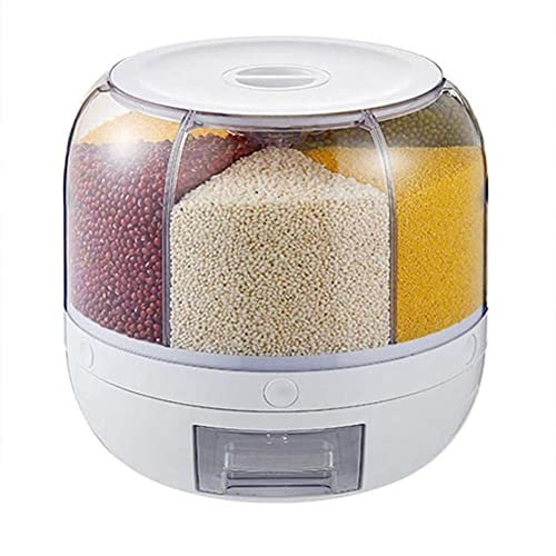 Round Transparent Rice Dispenser 6 Grids with Lid Sealed Storage Rotating Grain Container Box Push Button Dosing for Kitchen Soybean Corn Grain 20KG