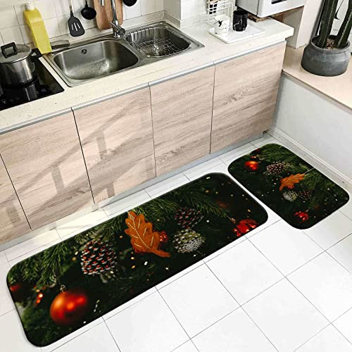 Banemi Teppich Waschbar, Küchenteppich XXL Grün Rot Braun Christbaumschmuck Tannenzapfen Glocken 40X60cm+40X120cm Heimtextilien