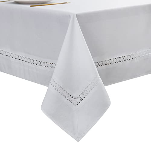 EHouseHome Heavy Duty Fabric Tablecloth with White Lace-Waterproof/Wrinkle Free/Stain Resistant/Oil Proof-for Dining,Indoor&Outdoor,Wedding,Holiday,White,Rectangle 60x84Inch