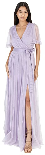 Anaya with Love Women's Ladies Maxi Dress for Women V Neckline Short Sleeve Frilly Long Empire Waist for Wedding Guest Bridesmaid Maid of Honour Dress (Pack of 1)