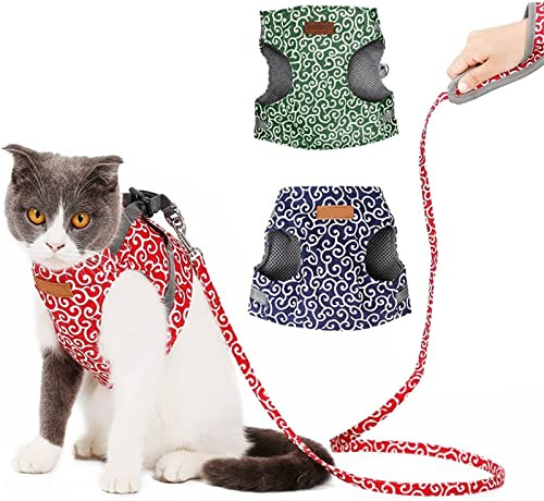 KyneLit Cat and Dog Harness and Lead Set, Anti-Breakaway Chest Strap - Adjustable Soft Vest Harnesses for Kittens, Puppies, and Rabbits (M,Red)