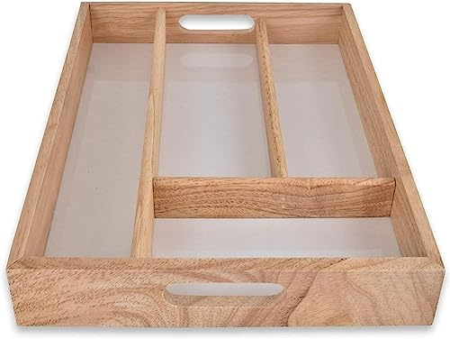 Z&A 4 Compartments Small Wooden Cutlery Tray - Kitchen Accessories Storage for Knives Forks Spoons - Strong Rubberwood Organized Kitchens Drawers Tray - Sleek and Elegant Design - 32cm x 24cm x 4cm