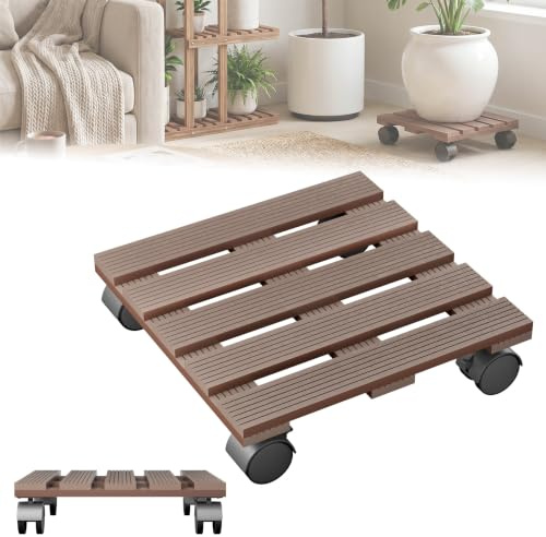 ACXIN Pflanzenroller WPC Quadratisch 30x30cm Blumenroller Gefäßroller Rollbrett für Pflanzen 100kg Traglast 360° Rollen mit Bremse Pflanzkübel Roller Garten Balkon Braun