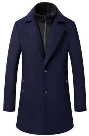 Sliktaa hommes manteau de laine épais trench-coat longueur moyenne manteau encoche col manteau chaud hommes manteaux d'hiver avec coupe-vent amovible col intérieur,Bleu,L