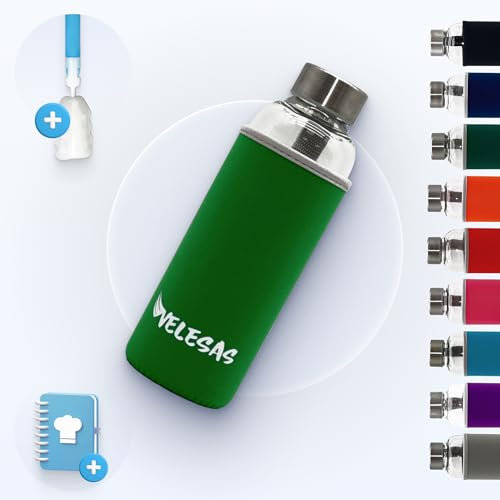 Velesas Borraccia 1 l | 500 ml con custodia protettiva | Bottiglia di vetro da 500 ml con custodia in neoprene e tappo in acciaio inossidabile | per la scuola, il fitness, senza BPA | Verde chiaro