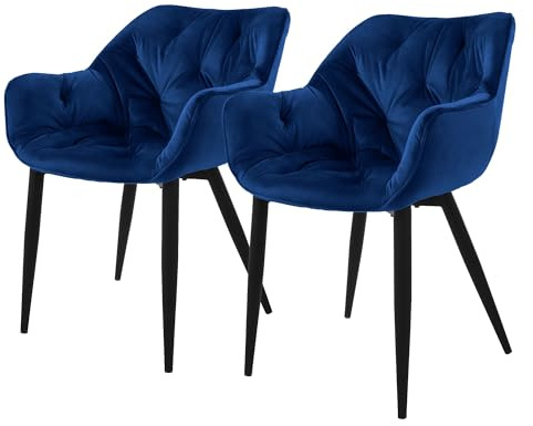 ML-Design Set de 2 Chaises de Salle à Manger, Bleu Foncé, Assise Rembourrée en Velours, Pieds Métalliques Noir, avec Dossier et Accoudoirs Ergonomiques, Fauteuil Moderne Salon Bureau Chambre Cuisine
