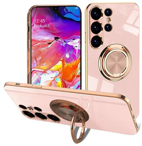 EYZUTAK Electroplated Magnetic Ring Holder Case for Samsung Galaxy S24 Ultra, 360 Degree Rotation Metal Anti-fall Finger Ring Holder Magnet Car Holder Slim Soft Silicone Shockproof Cover - Light Pink