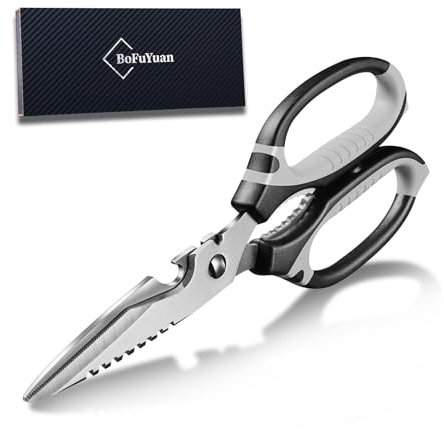 BoFuYuan Kitchen Scissors, 9-Inch Heavy Duty Multipurpose Food Cutting Shears, Detachable Dishwasher Safe, Sharp Serrated Blade, Ergonomic Non-Slip Handle for Food, Meat, Herbs, Black