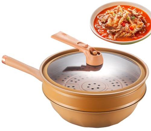 PHASZ Antihaftbeschichteter Wok, Bratwok mit Deckel | Multifunktionale Bratpfanne Schnellerhitzung | Küchenkochzubehör zum Braten von Eiern, Gebäck, Fisch, Gemüse, Schweinefleisch, Huhn