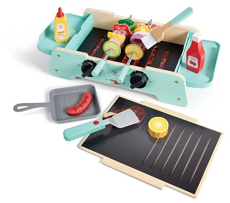Hape Set de Cuisine Enfant Barbecue et Plancha - 2 Ans - Jeu de Role, Dinette Fille et Garçon - Barbecue Jouet Motricité Fine, Coordination, Créativité - Jeu Imitation Réaliste