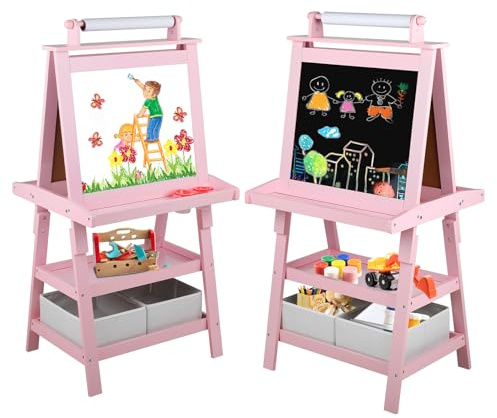 Kinder King 3 in 1 Kids Art Easel w/Storage, Double-Sided Magnetic Whiteboard & Chalkboard, Dry-Erase Board w/Paper Roller, Toddler Children Standing Easel for Painting & Drawing, Accessories, Pink
