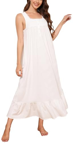 Rubehoow Soft Nightgown for Women Sleeveless House Dress Vintage Button Down Lace Maxi Sleep Gown (White, S)