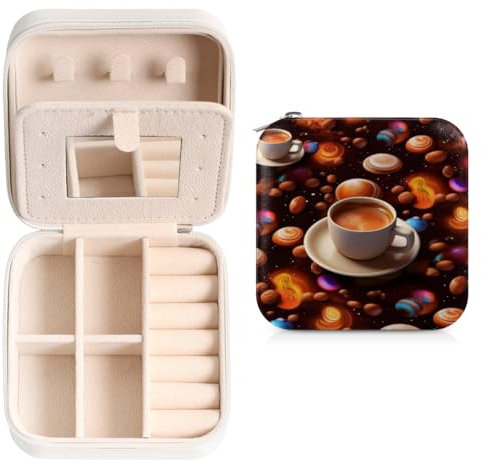 cfpolar Boîte à bijoux de voyage personnalisée, petite boîte à bijoux personnalisée en cuir synthétique, étui de rangement avec miroir, cadeaux pour femmes et filles, tasse à café spatiale