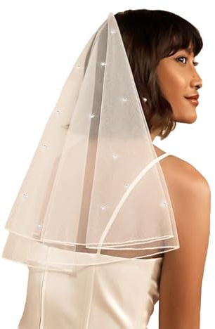 AOREAS weißer kurzer Hochzeitsschleier, Perlen, Strass, Brautschleier, Brautschleier, Junggesellinnenabschied, Schleier für Bräute und Frauen