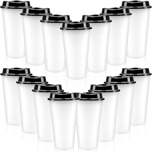 MSYU 15 Pack Reusable Coffee Cups with Lids Reusable Hot Cups Bulk 16 oz Plastic Tumblers Cup with Lids for Hot Drink Travel Coffee Mug with Lid to Go Coffee Cups (White with Black Lid)