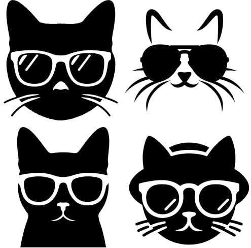 Pack of 4 Cool Cats Cute Stickers 8cm (3.1) - Easy-to-Apply - Waterproof Decal -Gifts for Women - Laptop, Nursery Decor, Car Bumpers, Water Bottles, Mirrors, Windows (Black, Small)