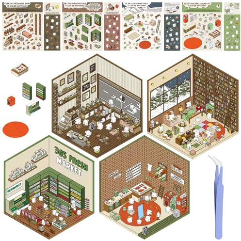 GAROMIA DIY 3D House Stickers DIY Haus Aufkleber Sticker 3d sticker room Hausaufkleber Supermarkt, Kaffeehaus, Buchhandlung house stickers Accessoires Spielzeug Cartoon Aufkleber kinder
