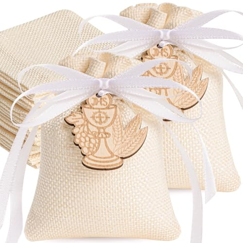 Sonekin Bolsa de Regalo Para Comunión, 10x8cm con Cinta Blanca y Colgante de Madera, Apta Para Comunión, Boda(Beige + 50 Piezas del Santo Grial)
