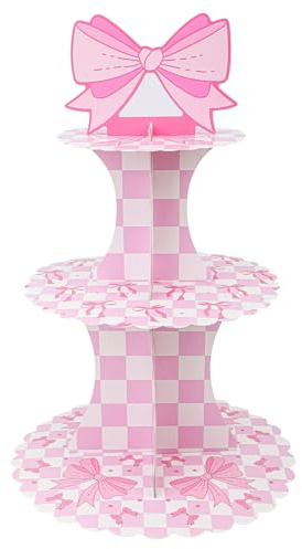 Decorazioni per Cupcake a 3 Livelli, Decorazioni Fiocco Rosa Supporto Cupcake a Tema Fiocco Decorazioni Torta a Fiocco Decorazioni Torta a Fiocco per Ragazze Decorazioni per Compleanno