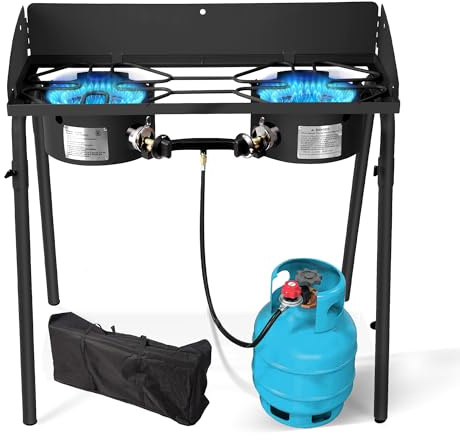 Red Mountain Valley Two Burner Outdoor Portable Camping Gas Stove with Removable Legs, Carrying Bag and Windshield, Camping Stove Propane for Cooking, CSA Certified, Outdoor Propane Burner